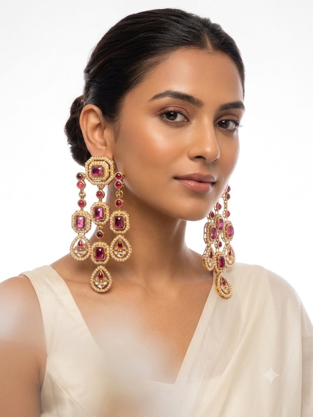 Gold-Tone Pink Gemstone Chandelier Earrings - Women Jewelry